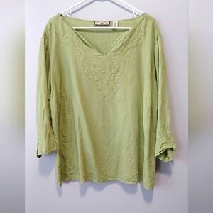 Caribbean Joe 100% Linen Green Embroidered 3/4 Sleeve Tunic Women's Size 2X